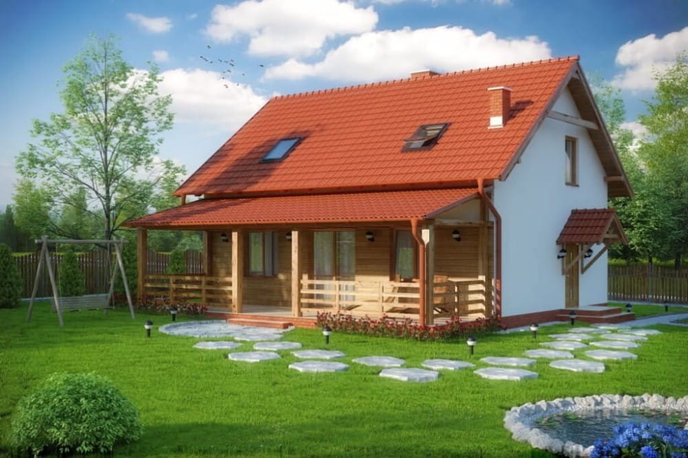Projekt domu Żerkowice tech. DM-6500 tech., parterowy z poddaszem, bez garażu, niepodpiwniczony z werandą - kolorystyka wersja 4
