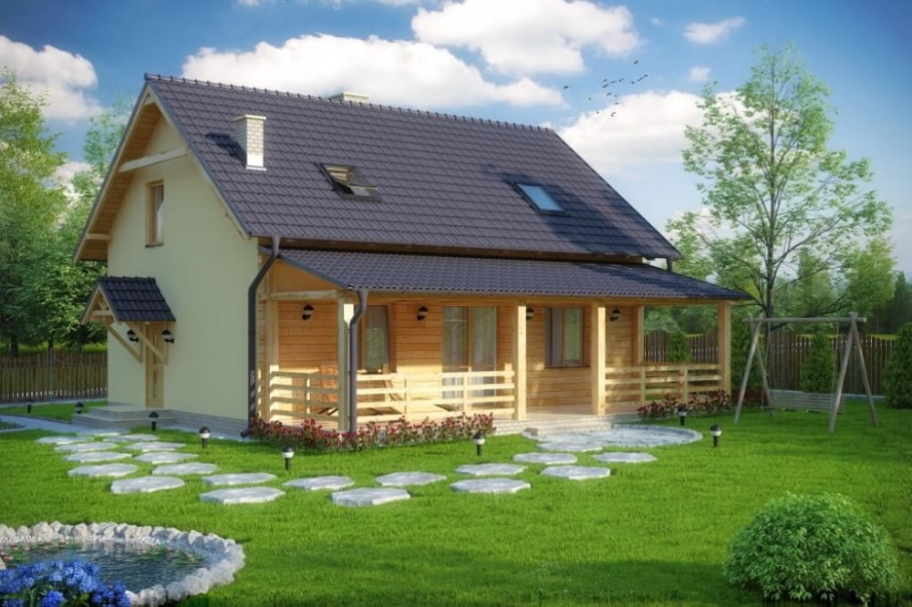 Projekt domu Żerkowice 2 tech. L-6500 tech., parterowy z poddaszem, bez garażu, niepodpiwniczony z werandą - kolorystyka wersja 3