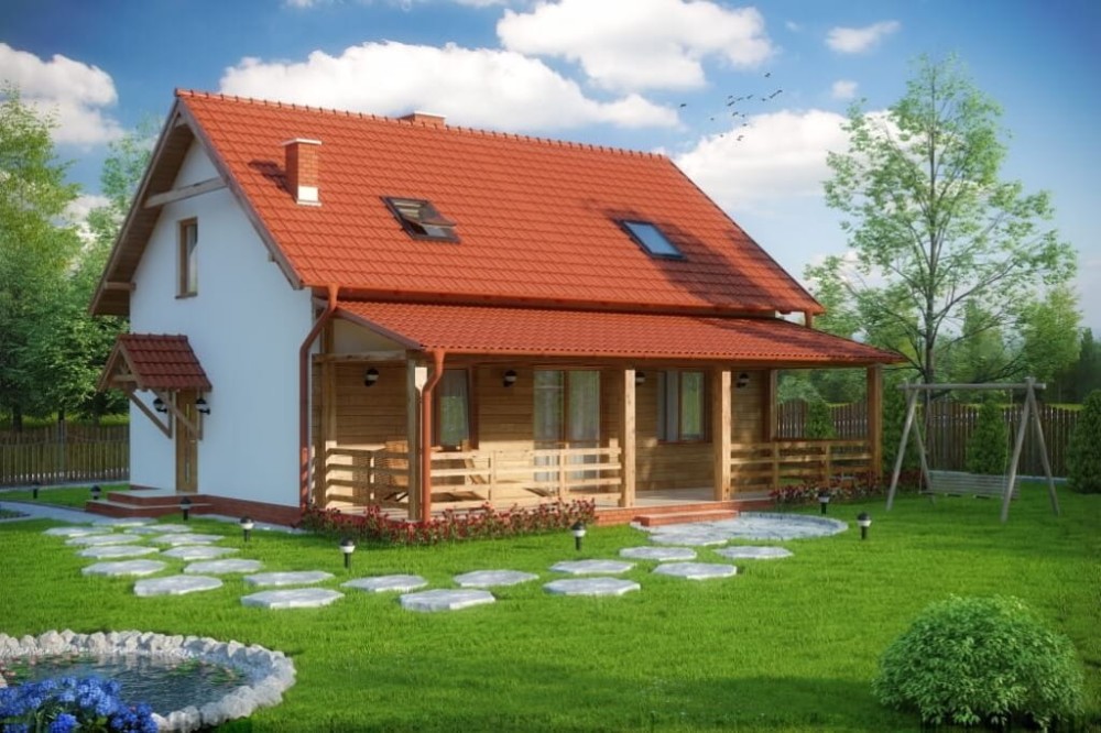 Projekt domu Żerkowice 2 tech. L-6500 tech., parterowy z poddaszem, bez garażu, niepodpiwniczony z werandą - kolorystyka wersja 4