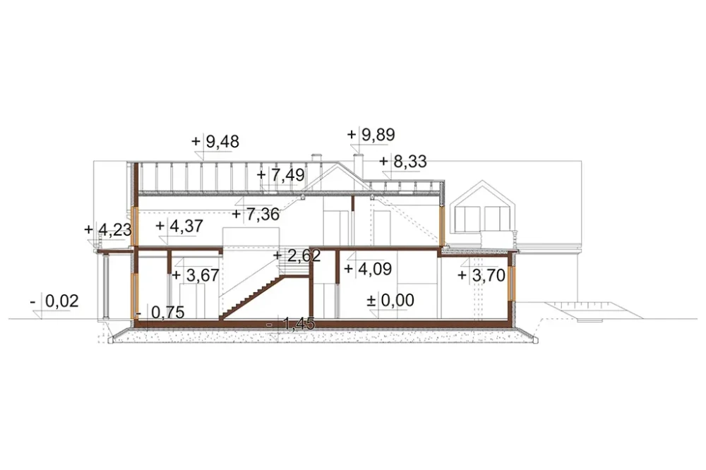 Projekt budynku gastronomiczno-noclegowego LK-108, podpiwniczony, posiada dwie kondygnacje nadziemne - przekrój B-B