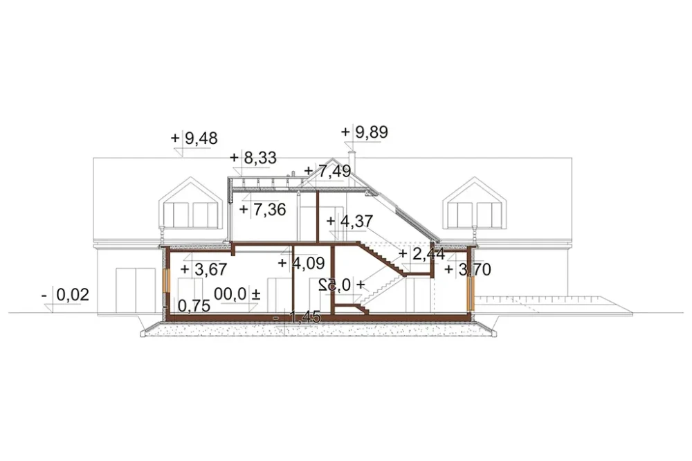 Projekt budynku gastronomiczno-noclegowego LK-108, podpiwniczony, posiada dwie kondygnacje nadziemne - przekrój C-C