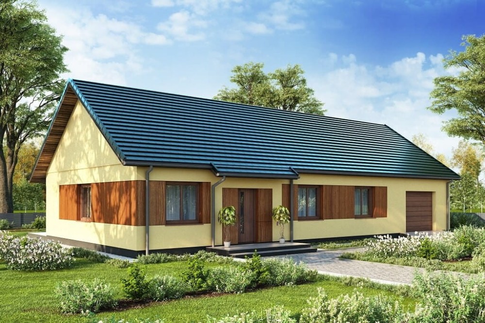 Projekt domu Siódmaczek tech. DM-6678 tech.,jednorodzinny, niepodpiwniczony, jednokondygnacyjny z garażem jednostanowiskowym-kolorystyka wersja 4