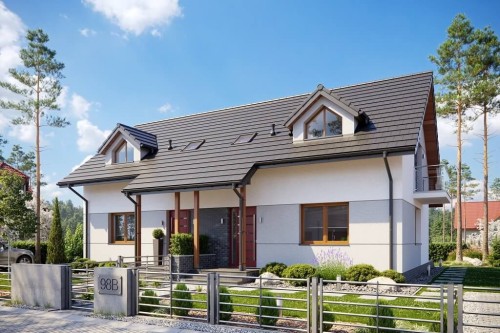 Projekt domu Szakłak B tech. DM-6095 B tech., mieszkalny w zabudowie bliźniaczej, niepodpiwniczony, z poddaszem użytkowym, bez garażu-kolorystyka wersja 2