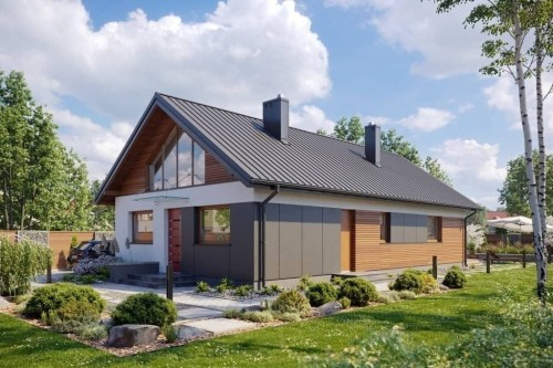 Projekt domu Złotlinek B2 L-6596 B, parterowy z antresolą, niepodpiwniczony, bez garażu - wizualizacja elewacji