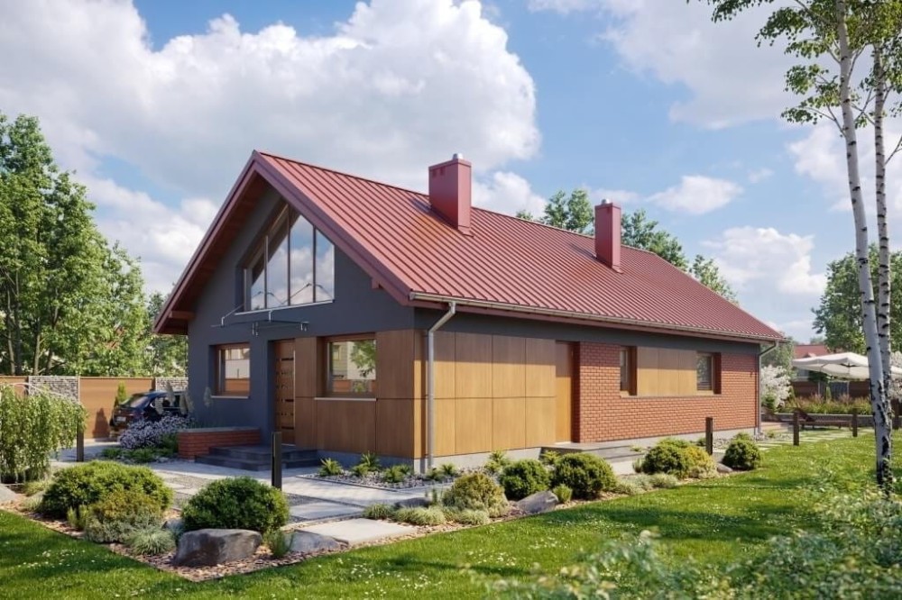 Projekt domu Złotlinek B2 L-6596 B, parterowy z antresolą, niepodpiwniczony, bez garażu - wizualizacja elewacji