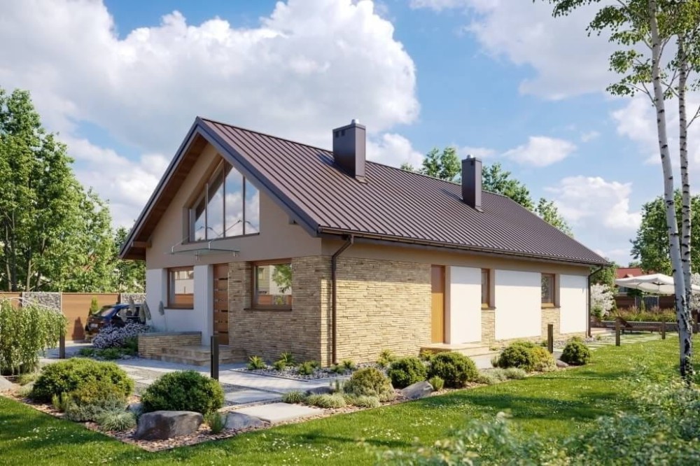 Projekt domu Złotlinek B2 L-6596 B, parterowy z antresolą, niepodpiwniczony, bez garażu - wizualizacja elewacji