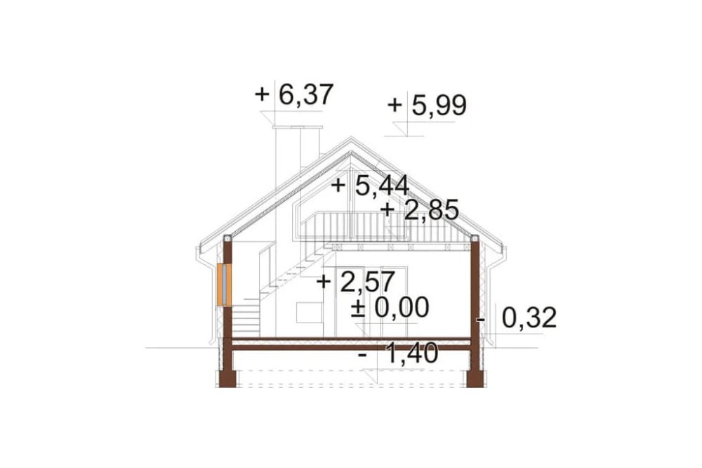 Projekt domu Złotlinek B2 L-6596 B, parterowy z antresolą, niepodpiwniczony, bez garażu - przekrój A-A