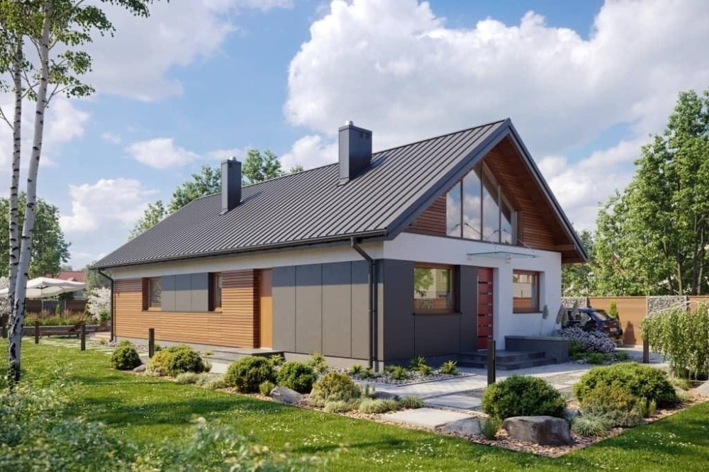 Projekt domu Złotlinek B DM-6596 B, parterowy z antresolą, niepodpiwniczony, bez garażu - wizualizacja elewacji