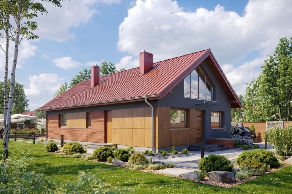Projekt domu Złotlinek B DM-6596 B, parterowy z antresolą, niepodpiwniczony, bez garażu - wizualizacja elewacji
