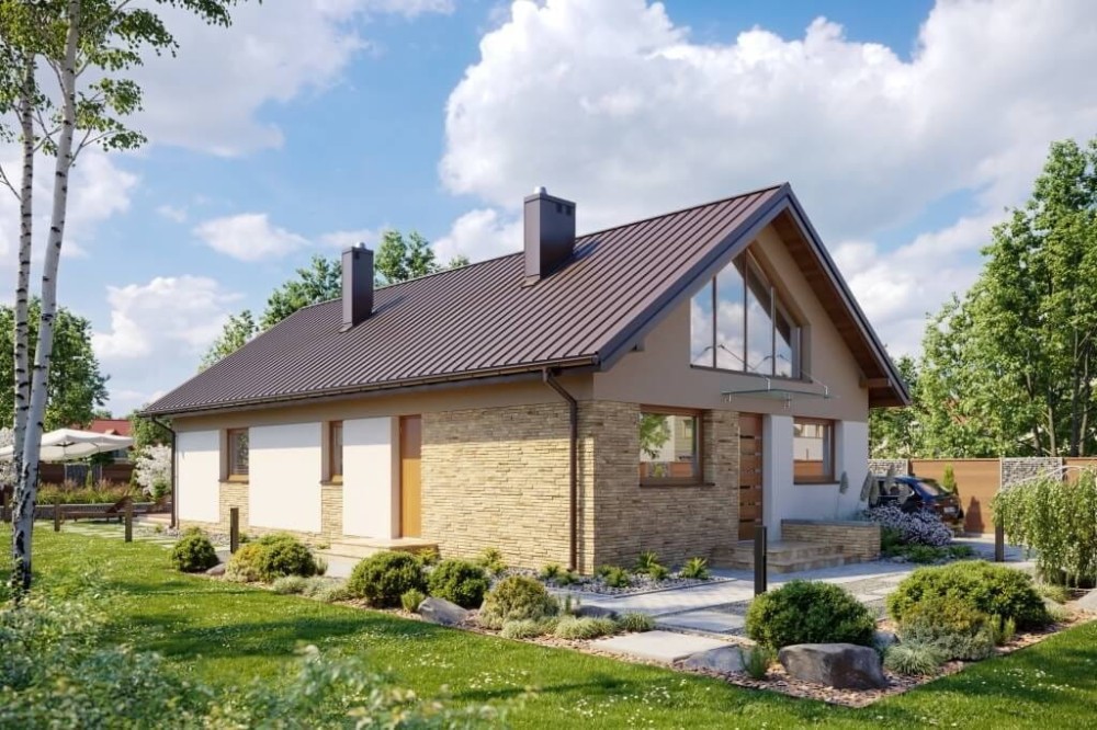 Projekt domu Złotlinek B DM-6596 B, parterowy z antresolą, niepodpiwniczony, bez garażu - wizualizacja elewacji