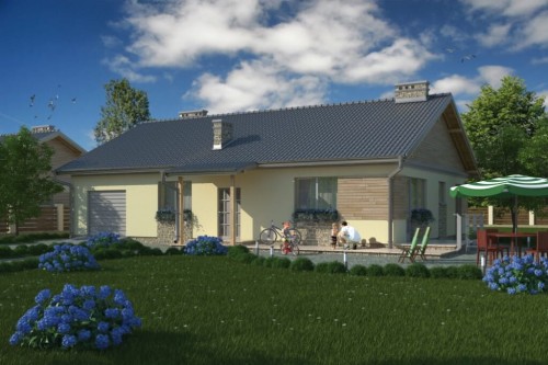 Projekt domu Nawojowa tech. DM-5518 tech., parterowy z garażem jednostanowiskowym, niepodpiwniczony - kolorystyka wersja 1