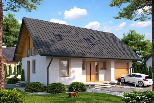 Projekt domu Bertowo tech. DM-6521 tech., parterowy z poddaszem użytkowym, jednorodzinny, tradycyjny, z garażem, bez podpiwniczenia-kolorystyka wersja 2