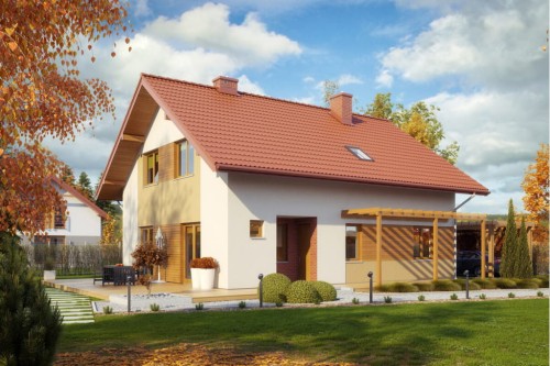 Projekt domu Maczków tech. DM-6544 tech., parterowy z poddaszem użytkowym, jednorodzinny, bez garażu, bez podpiwniczenia-kolorystyka wersja 2
