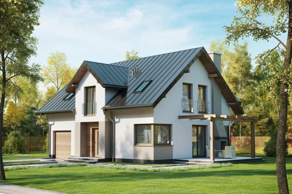 Projekt domu Copaiba 2 L-6618 , jednorodzinny, parterowy z poddaszem użytkowym i z garażem jednostanowiskowym, bez podpiwniczenia-kolorystyka wersja 1