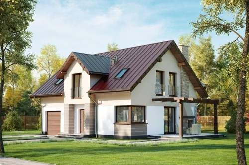 Projekt domu Copaiba 2 L-6618 , jednorodzinny, parterowy z poddaszem użytkowym i z garażem jednostanowiskowym, bez podpiwniczenia-kolorystyka wersja 2