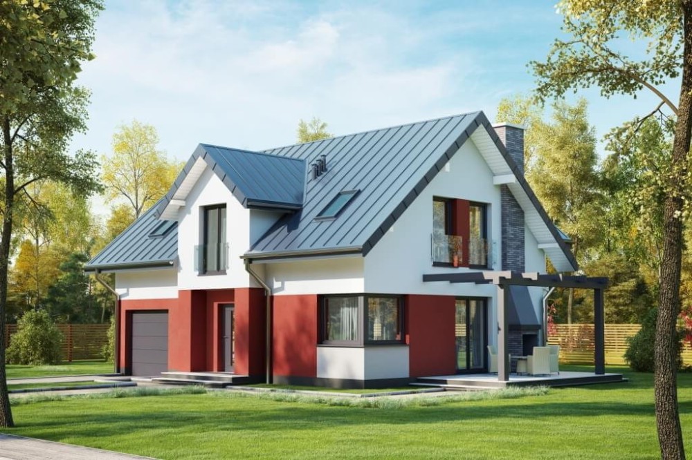 Projekt domu Copaiba 2 L-6618 , jednorodzinny, parterowy z poddaszem użytkowym i z garażem jednostanowiskowym, bez podpiwniczenia-kolorystyka wersja 3
