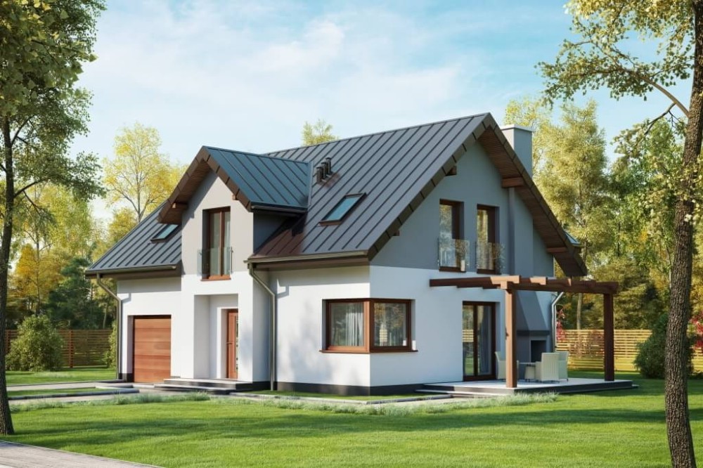 Projekt domu Copaiba 2 L-6618 , jednorodzinny, parterowy z poddaszem użytkowym i z garażem jednostanowiskowym, bez podpiwniczenia-kolorystyka wersja 4