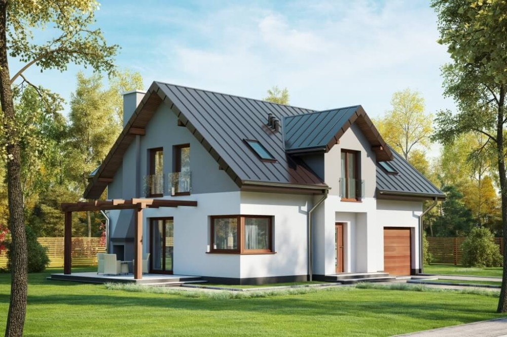 Projekt domu Copaiba 1 tech. DM-6618 tech. , jednorodzinny, parterowy z poddaszem użytkowym i z garażem jednostanowiskowym, bez podpiwniczenia-kolorystyka wersja 4