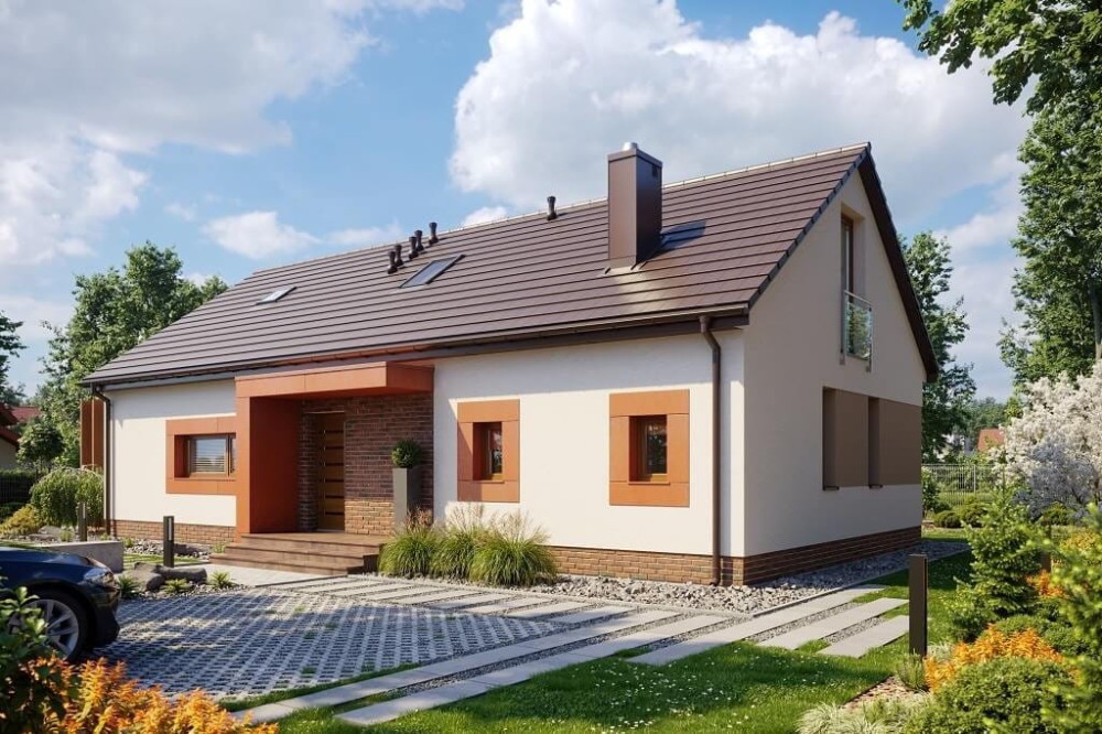 Projekt domu Iryzyna 2 tech. L-6645 tech.,parterowy z poddaszem użytkowym, jednorodzinny, bez garażu, bez podpiwniczenia -wizualizacja elewacji ogrodowej