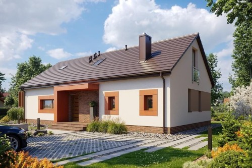 Projekt domu Iryzyna 2 tech. L-6645 tech.,parterowy z poddaszem użytkowym, jednorodzinny, bez garażu, bez podpiwniczenia -wizualizacja elewacji ogrodowej
