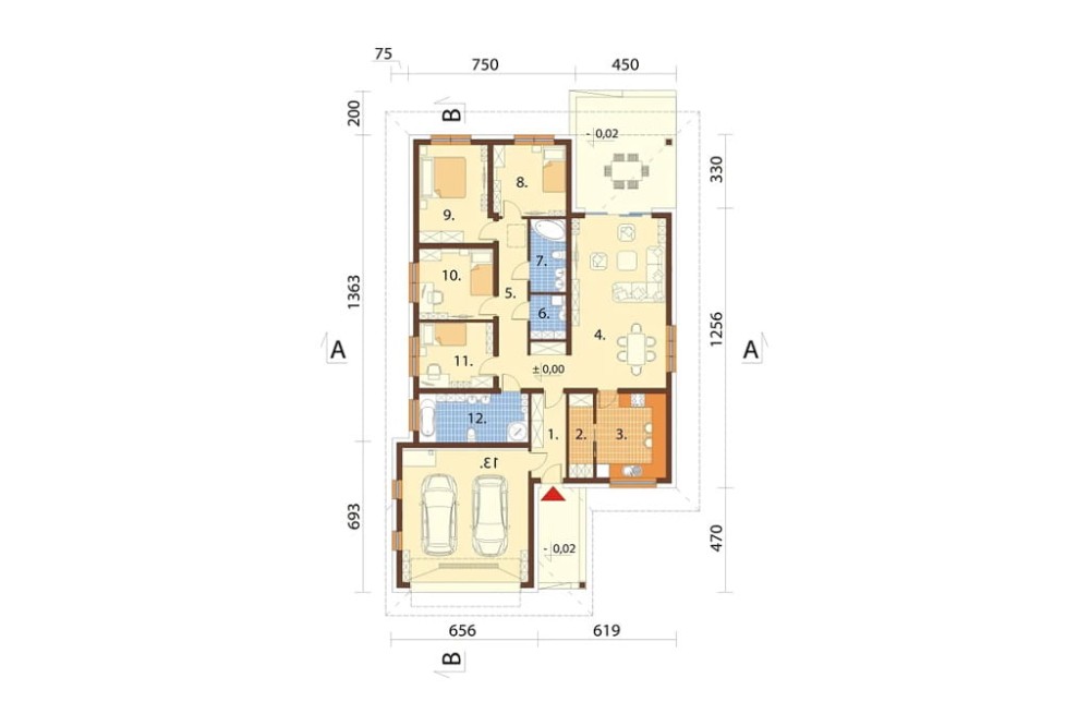 Projekt domu Ostryż B2 L-6604 B2, parterowy, z garażem dwustanowiskowym, bez podpiwniczenia -rzut parteru