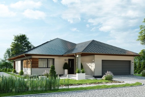 Projekt domu Ostryż B tech. DM-6604 B tech., parterowy, z garażem dwustanowiskowym, bez podpiwniczenia-kolorystyka wersja 1