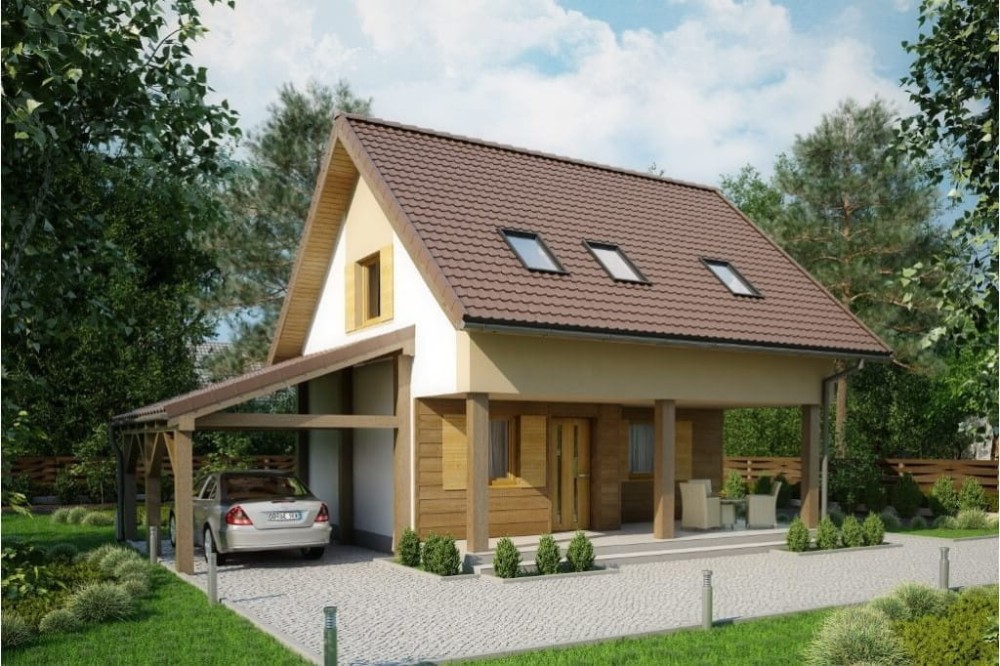 Projekt domu Niezabudka 2 L-6609, parterowy z wiatą, poddaszem mieszkalnym, bez podpiwniczenia-kolorystyka wersja 1
