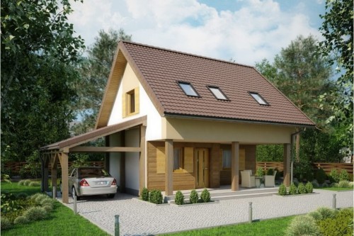 Projekt domu Niezabudka 2 L-6609, parterowy z wiatą, poddaszem mieszkalnym, bez podpiwniczenia-kolorystyka wersja 1