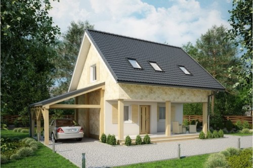 Projekt domu Niezabudka 2 L-6609, parterowy z wiatą, poddaszem mieszkalnym, bez podpiwniczenia-kolorystyka wersja 2