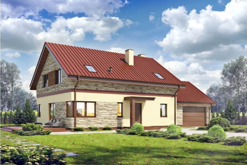 Projekt domu Gerberów 2 L-6612, parterowy z poddaszem użytkowym, garażem , bez podpiwniczenia-kolorystyka wersja 4