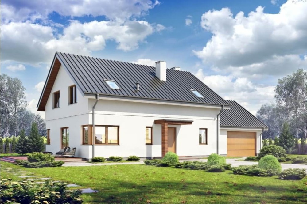 Projekt domu Gerberów 2 tech. L-6612 tech., parterowy z poddaszem użytkowym, garażem , bez podpiwniczenia-kolorystyka wersja 1