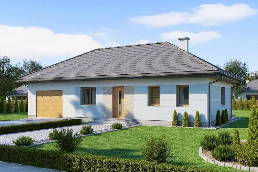 Projekt domu Pozłotka 2 L-6625, jednorodzinny parterowy, bez podpiwniczenia, z garażem i kotłownią na paliwo stałe-kolorystyka wersja 1