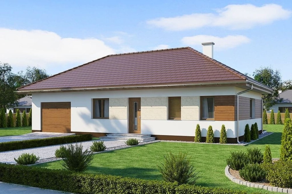 Projekt domu Pozłotka 2 L-6625, jednorodzinny parterowy, bez podpiwniczenia, z garażem i kotłownią na paliwo stałe-kolorystyka wersja 4
