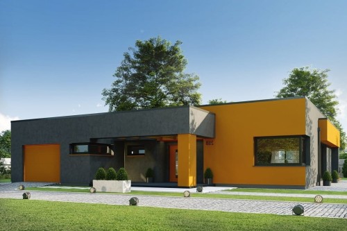 Projekt domu Oliwnik B2 tech. L-6621 B2 , parterowy, z garażem jednostanowiskowym, niepodpiwniczonym -kolorystyka wersja 2