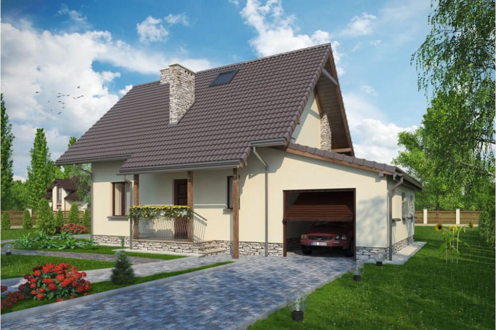 Projekt domu Turowice C tech. DM-6190 C tech., parterowy z poddaszem mieszkalnym, bez podpiwniczenia z garażem-kolorystyka wersja 2