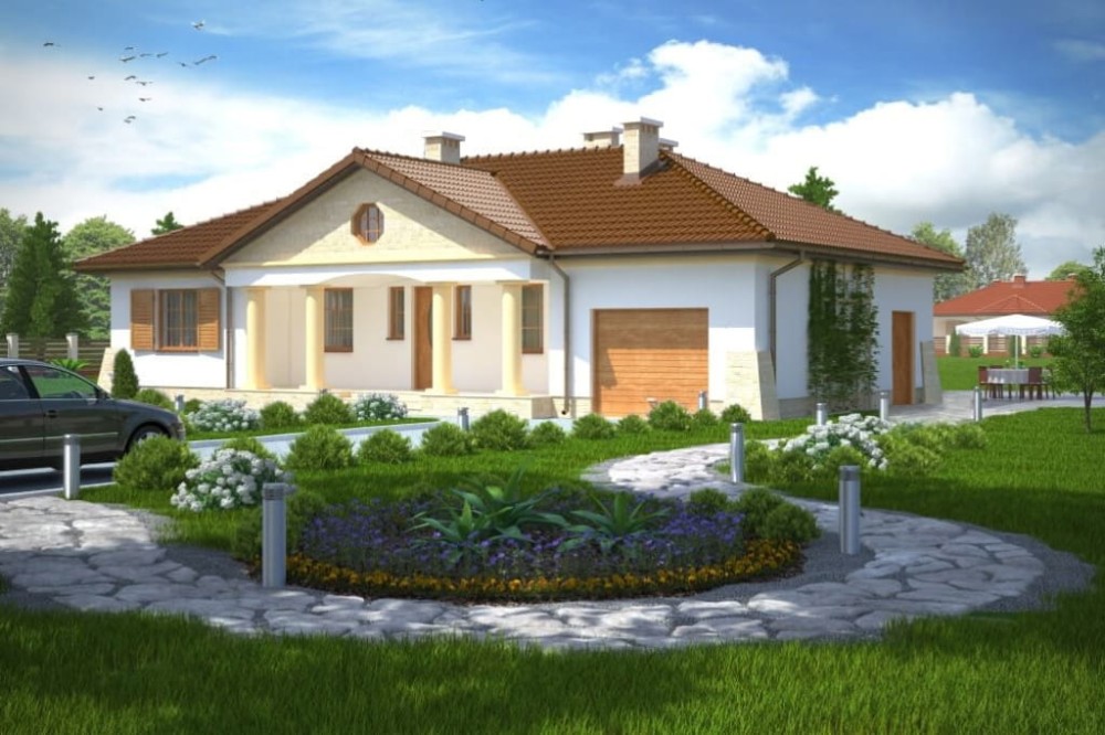 Projekt domu Ludwinów 2 tech. L-6079 tech., parterowy, jednorodzinny, dworkowy, z garażem, bez podpiwniczenia - kolorystyka wersja 3