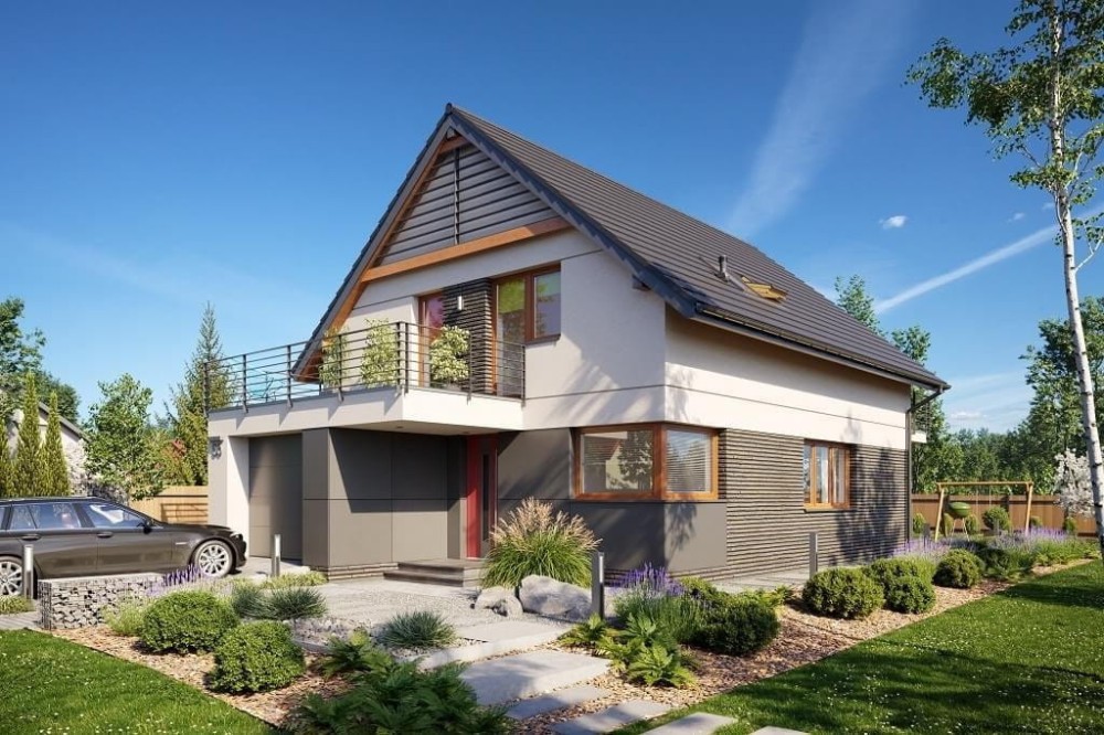 Projekt domu Dawidia 2 L-6663, parterowy z poddaszem użytkowym i garażem jednostanowiskowym - wizualizacja elewacji