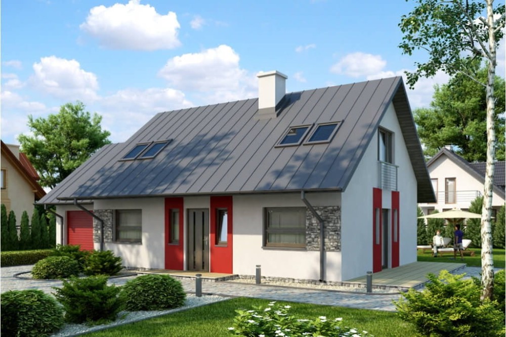 Projekt domu Brochocinek 2 L-6515, parterowy z garażem, poddaszem mieszkalnym, bez podpiwniczenia - wizualizacja elewacji