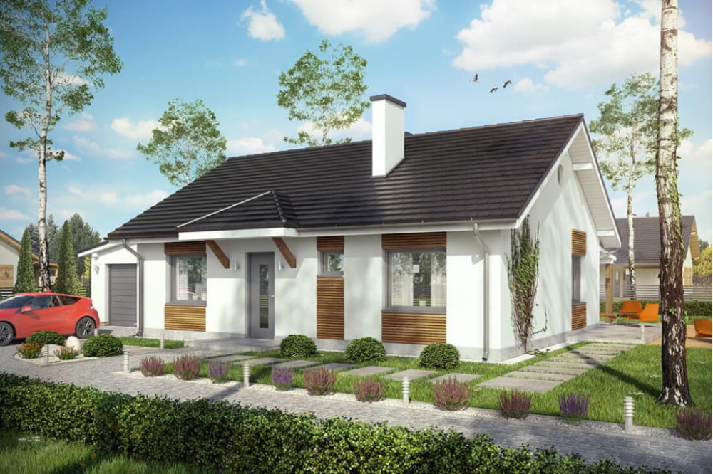 Projekt domu Roglice tech. DM-6546 tech., parterowy, jednorodzinny, tradycyjny, z garażem, bez podpiwniczenia - kolorystyka wersja 1