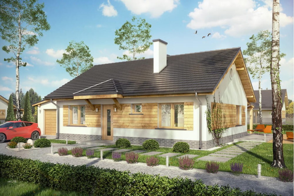 Projekt domu Roglice tech. DM-6546 tech., parterowy, jednorodzinny, tradycyjny, z garażem, bez podpiwniczenia - kolorystyka wersja 3