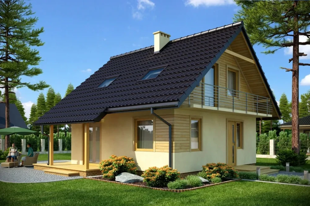 Projekt domu Prądnik tech. DM-6143 tech., parterowy z poddaszem mieszkalnym, częściowo podpiwniczony - kolorystyka wersja 3