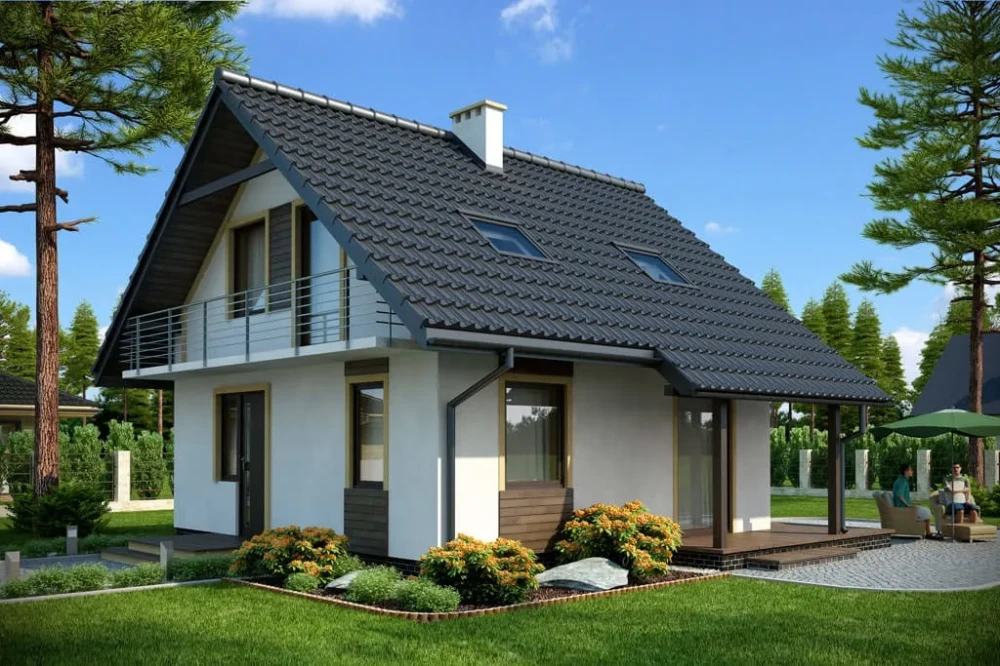 Projekt domu Godków tech. L-6143 tech., parterowy z poddaszem mieszkalnym, częściowo podpiwniczony - kolorystyka wersja 4