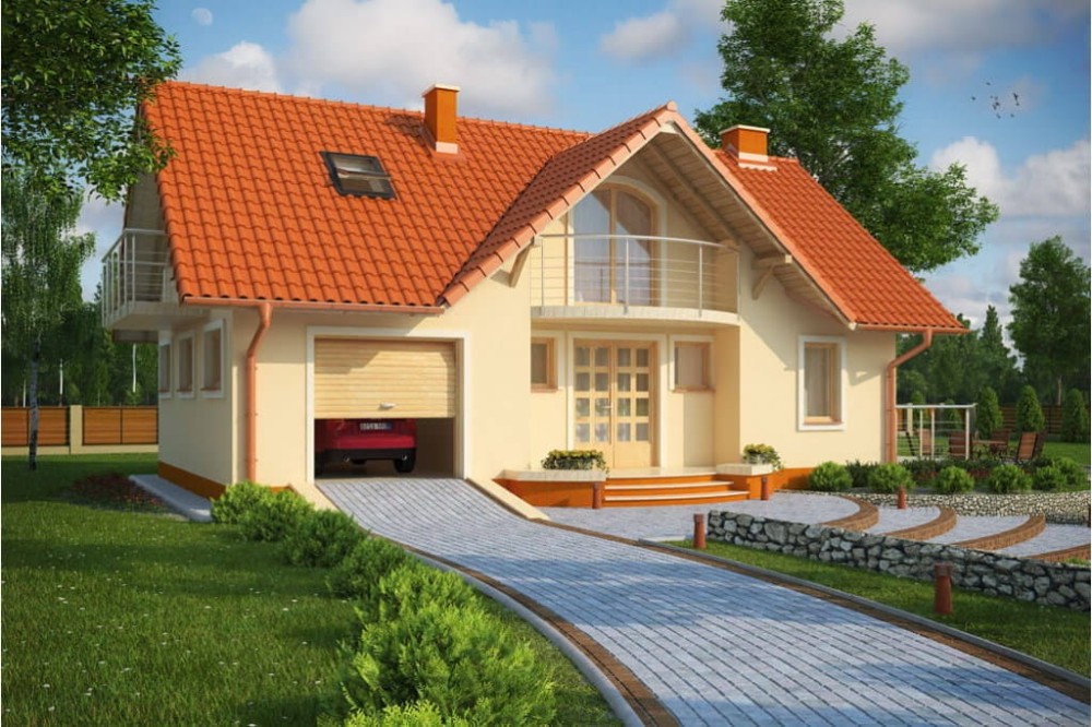 Projekt domu Sadogóra C L-6256 C, parterowy z poddaszem użytkowym, z garażem jednostanowiskowym, niepodpiwniczony-kolorystyka wersja 4