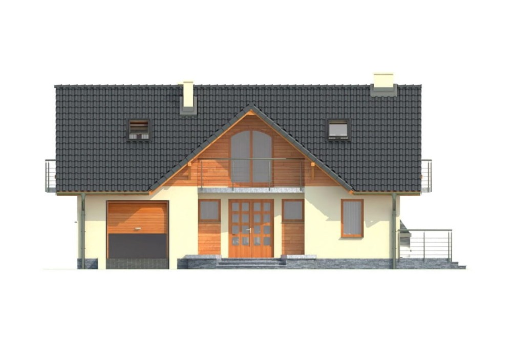 Projekt domu Sadogóra C L-6256 C, parterowy z poddaszem użytkowym, z garażem jednostanowiskowym, niepodpiwniczony-elewacja frontowa