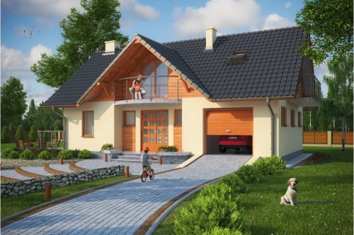 Projekt domu Lasocin C tech. DM-6256 C tech., parterowy z poddaszem użytkowym, z garażem jednostanowiskowym, niepodpiwniczony-kolorystyka wersja 1