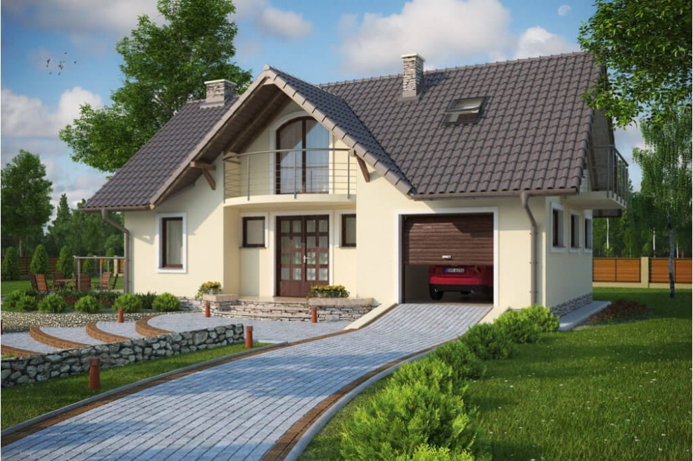 Projekt domu Lasocin C tech. DM-6256 C tech., parterowy z poddaszem użytkowym, z garażem jednostanowiskowym, niepodpiwniczony-kolorystyka wersja 2