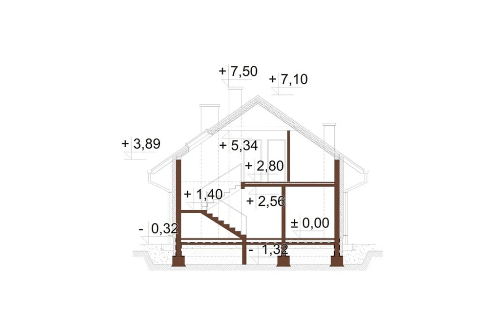 Projekt domu Carcaso 2 L-6720, parterowy z poddaszem użytkowym, niepodpiwniczony i bez garażu - przekrój A-A