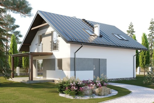 Projekt domu Carcaso DM-6720, parterowy z poddaszem użytkowym, niepodpiwniczony i bez garażu - wizualizacja elewacji