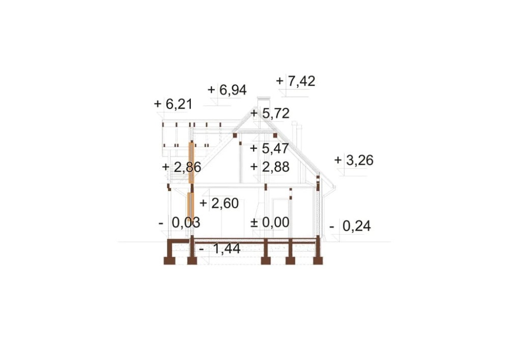 Projekt domu Szczawnica L-6152, parterowy z poddaszem mieszkalnym, bez podpiwniczenia -przekrój B-B