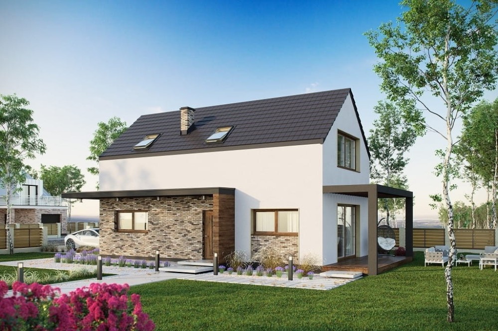 Projekt domu Inovia 2 L-6707, parterowy z poddaszem użytkowym, z garażem jednostanowiskowym, niepodpiwniczony - wizualizacja elewacji